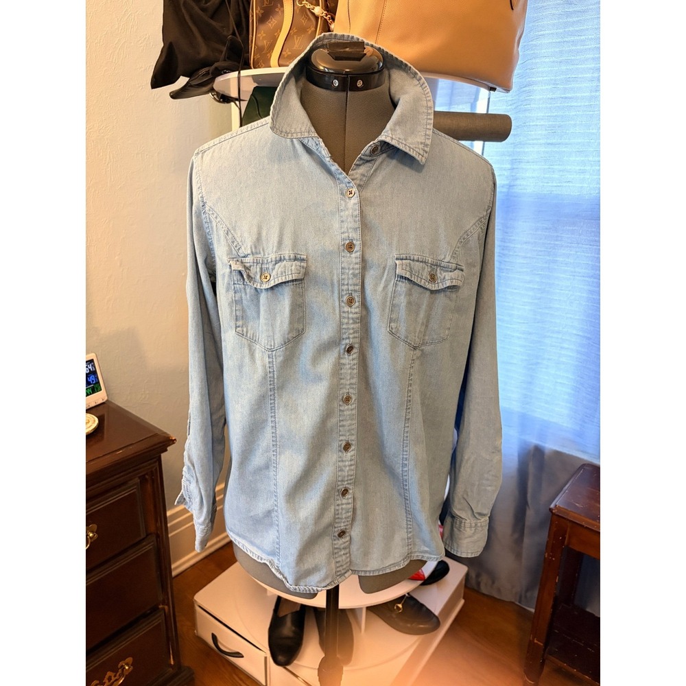 Style & Co Button Up Shirt Petite Large Light Denim Boho Western Coastal Classic